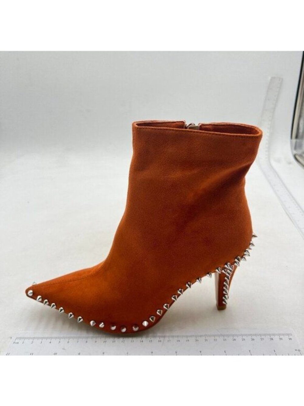 Women's High Heel Ankle Booties Beads Studded Zippers Pointed Toe Stiletto Brown